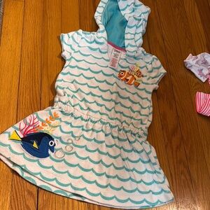 Kids' Blue and White Hooded Dress with Fish Design